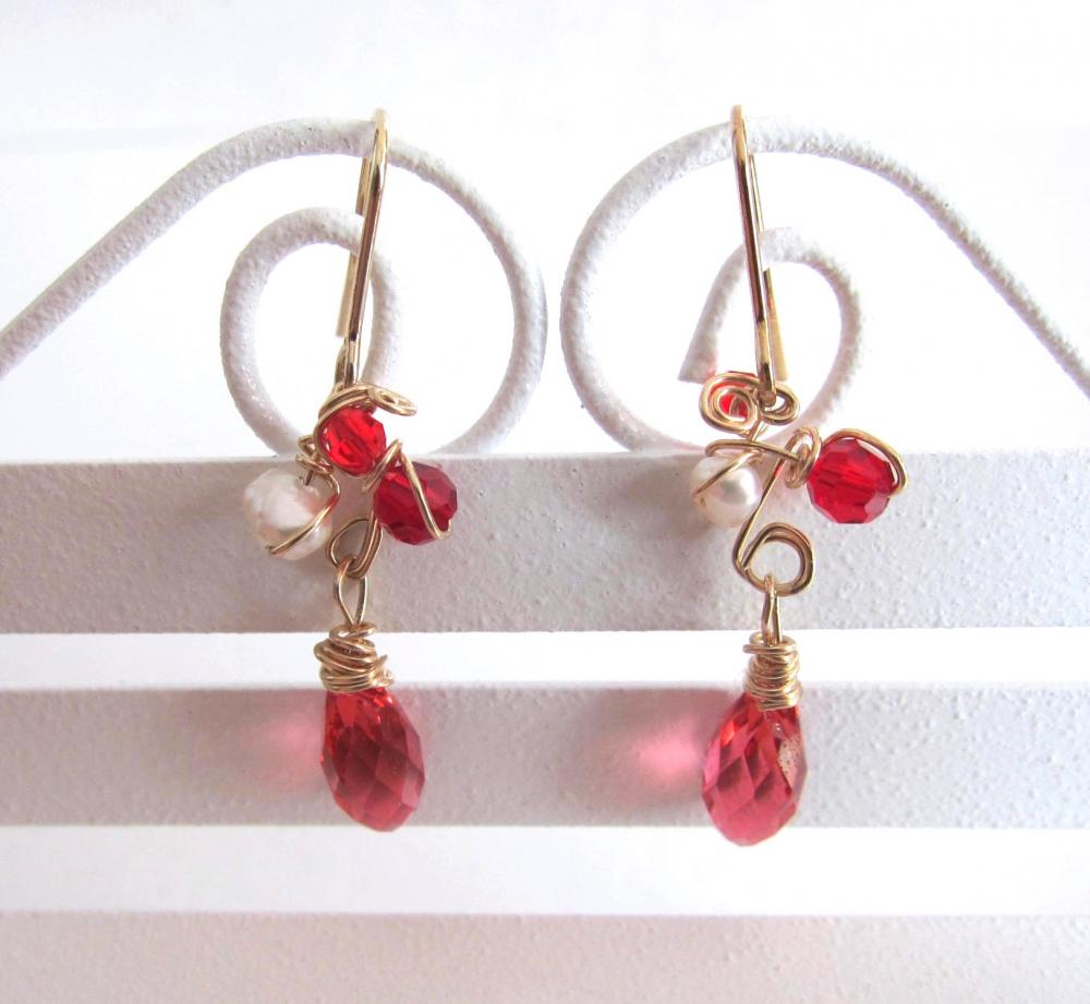 Dancing Red Fairies Earrings-fresh Water Pearls, Swarovski Briolettes, 14k Gold