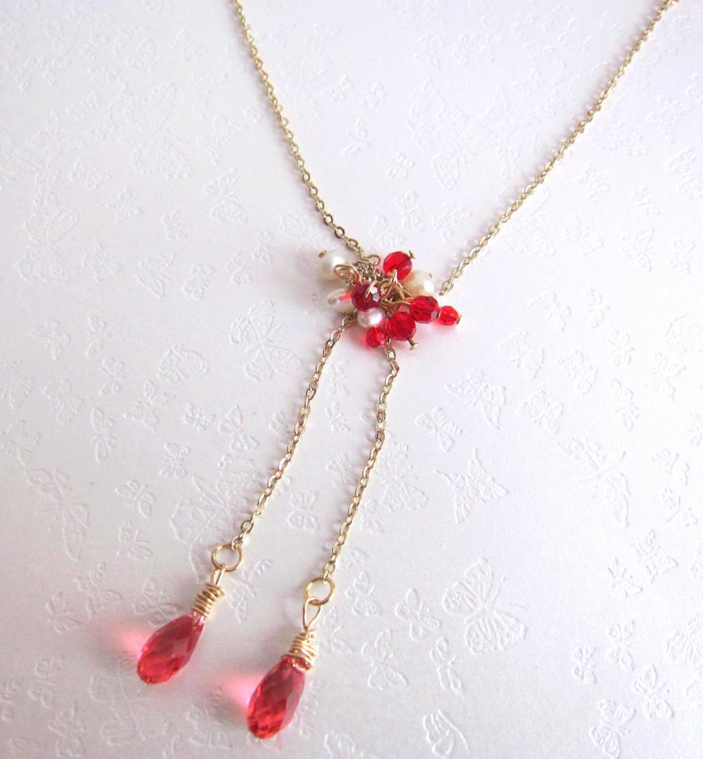 Dancing Red Fairies Necklace-Fresh Water Pearls, Swarovski Briolettes, 14K Gold Plated Chain