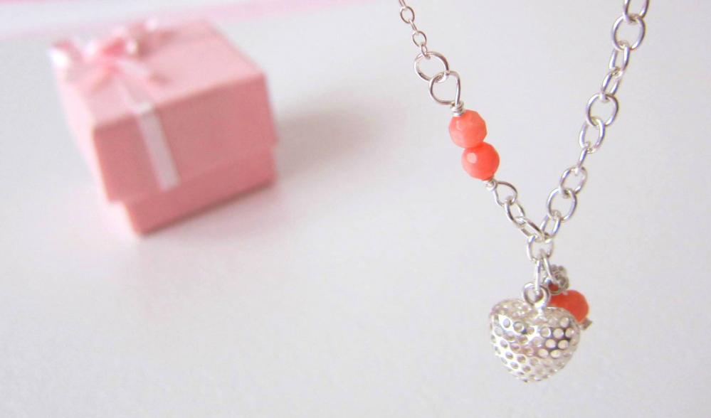 Heart Coral Necklace- 925 Silver & Coral Quartz