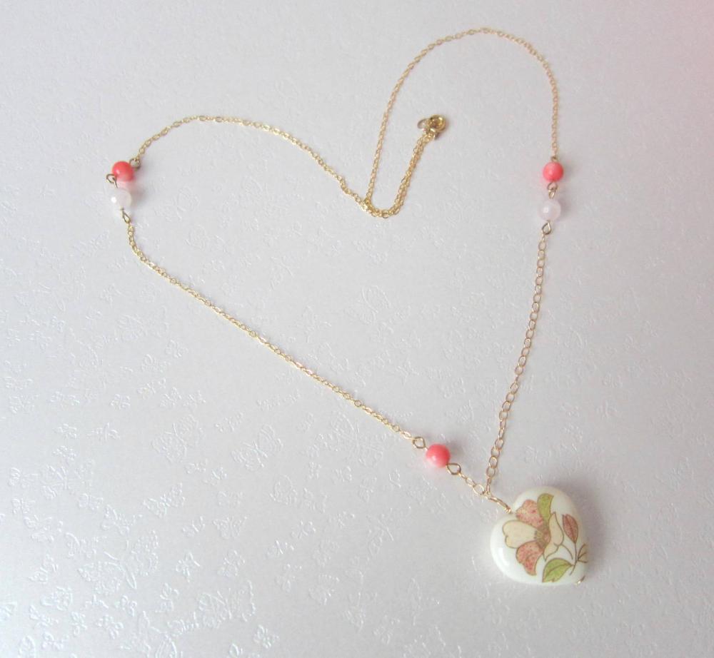 Dreamz Come True Necklace-14k Gold, Rose Quartz, Pink Coral With Japanese Heart Pendant