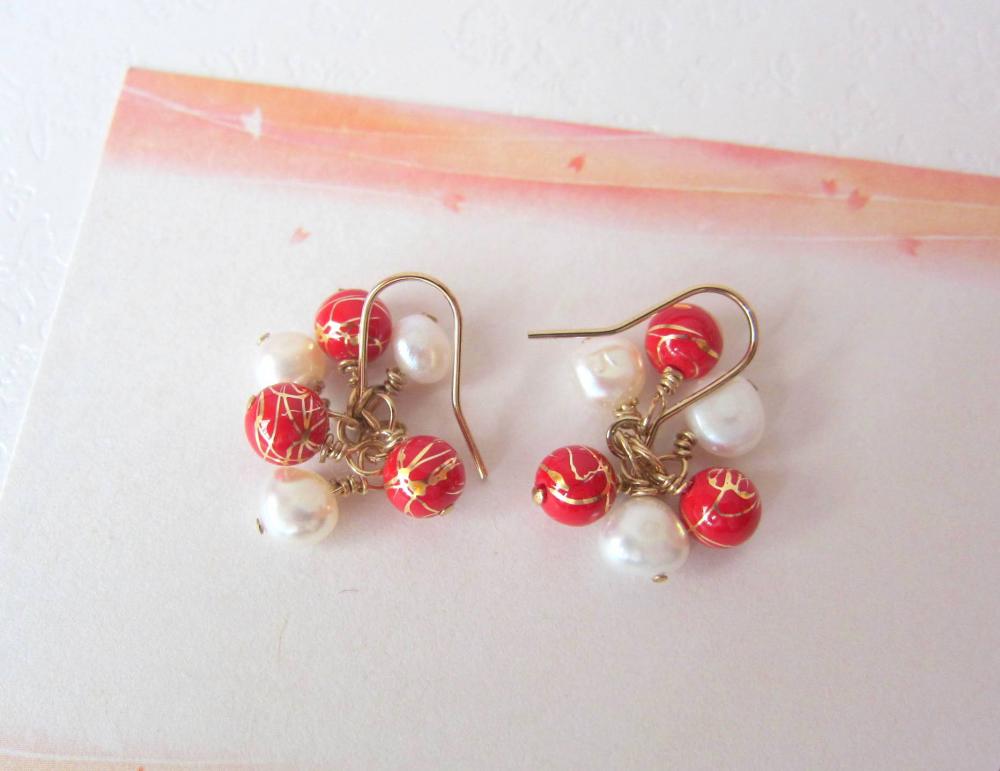 Oriental Elegance Earrings-14k Gold, White Cultured Pearls & Red-gold Beads