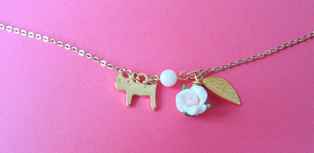 Kitty Loves Rose Bracelet - 14k Gold-plated Chain, Cat, Shell Pearl, Leaf & Rose