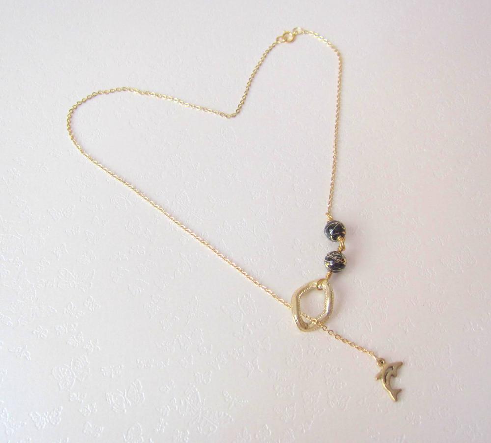 Elegant Dolphin Lariat Necklace - 14k Gold-plated Chain With Japanese Beads & Dolphin
