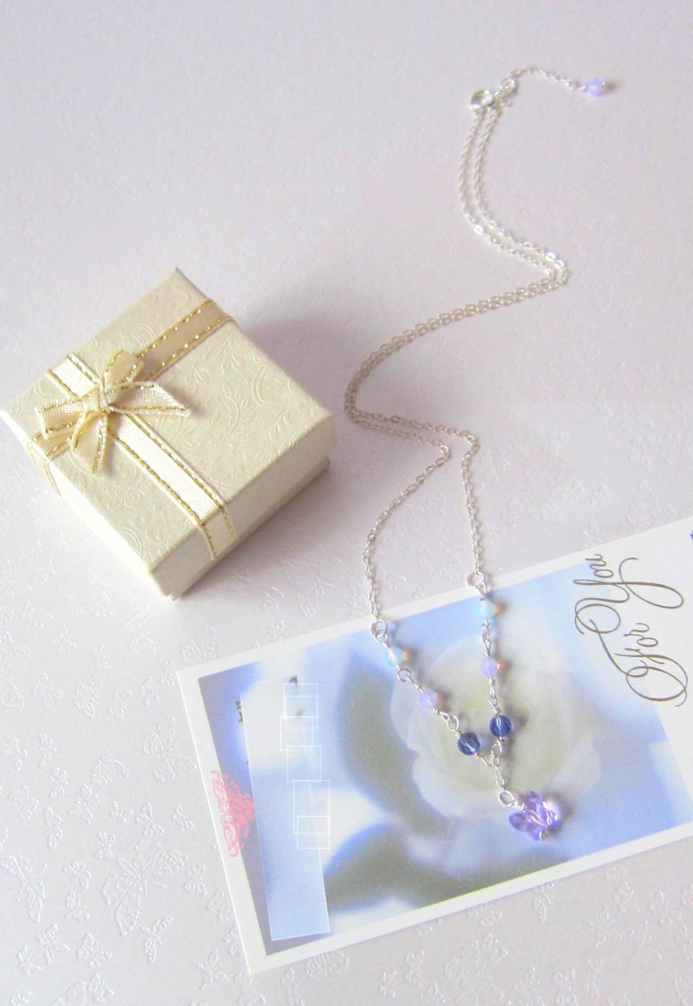 Purple Fluttery Gems Necklace - 925 Silver, Moonstone, Swarovski Crystals & Butterfly