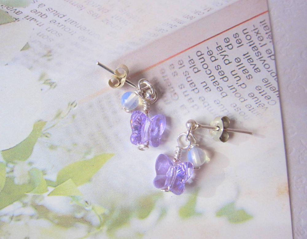 Purple Fluttery Gems Earrings- 925 Silver Pierce, Moonstone & Butterfly Swarovski Crystal