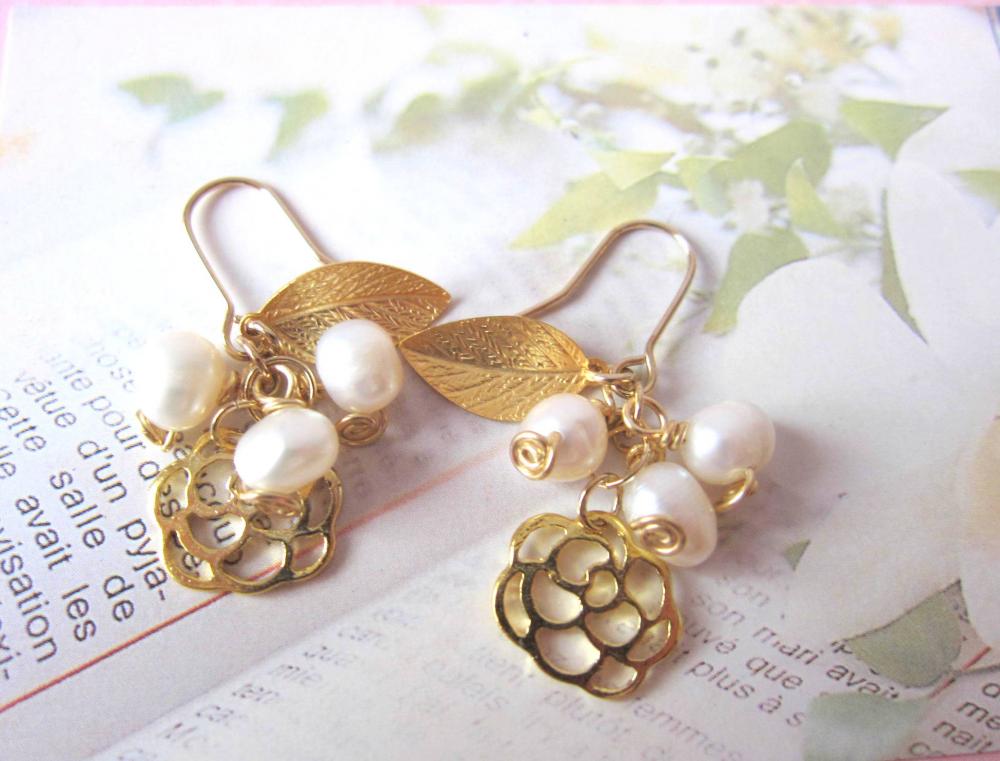 O' My Pearly Garden Earrings - 14k Gold-plated, Gold Plated Leaf & Rose Charms, Fresh Water Pearls