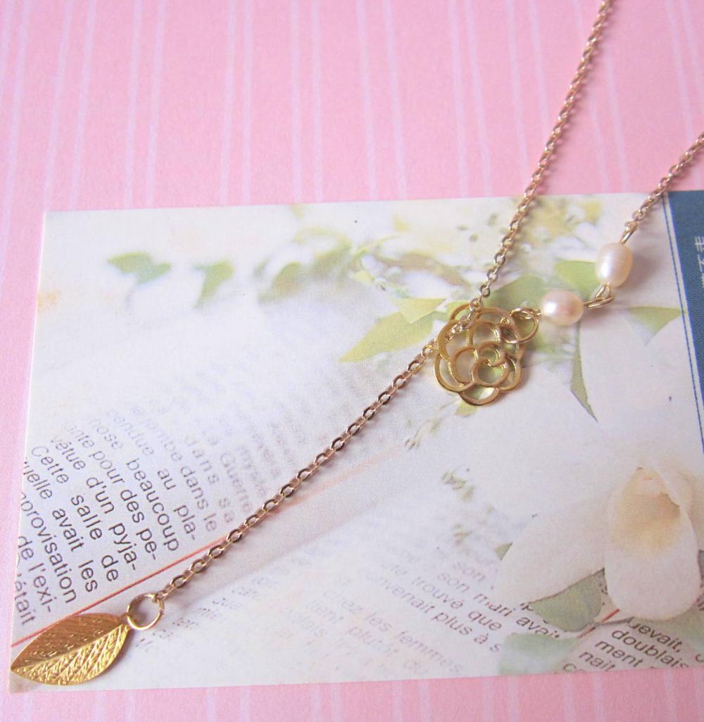 O' My Pearly Garden Lariat Necklace - 14k Gold-plated, Freshwater Pearls, Rose & Leaf