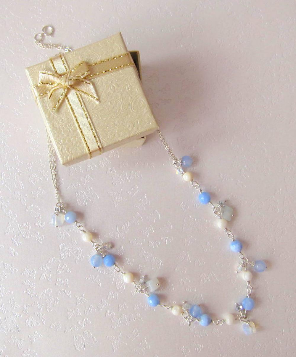 My Fair Lady Necklace-925 Silver, Blue Agate, Moonstone, Shell Pearl & Swarovski Crystals