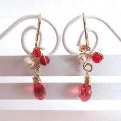 Dancing Red Fairies Earrings-Fresh Water Pearls, Swarovski Briolettes, 14K Gold