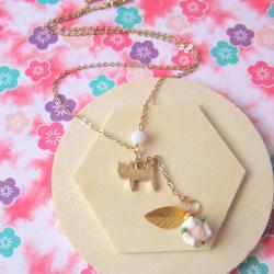 Kitty Loves Rose Lariat Necklace - 14K gold, Cat, Shell Pearl, Leaf & Rose