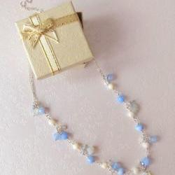 My Fair Lady Necklace-925 Silver, Blue Agate, MoonStone, Shell Pearl & Swarovski Crystals